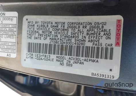 2003 Toyota Camry Le z USA, uszkodzony, nr VIN JTDBE32K930149280